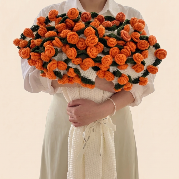 Floral Bouquet Blanket - Orange Roses - hand-crocheted bouquet that unfolds into a blanket