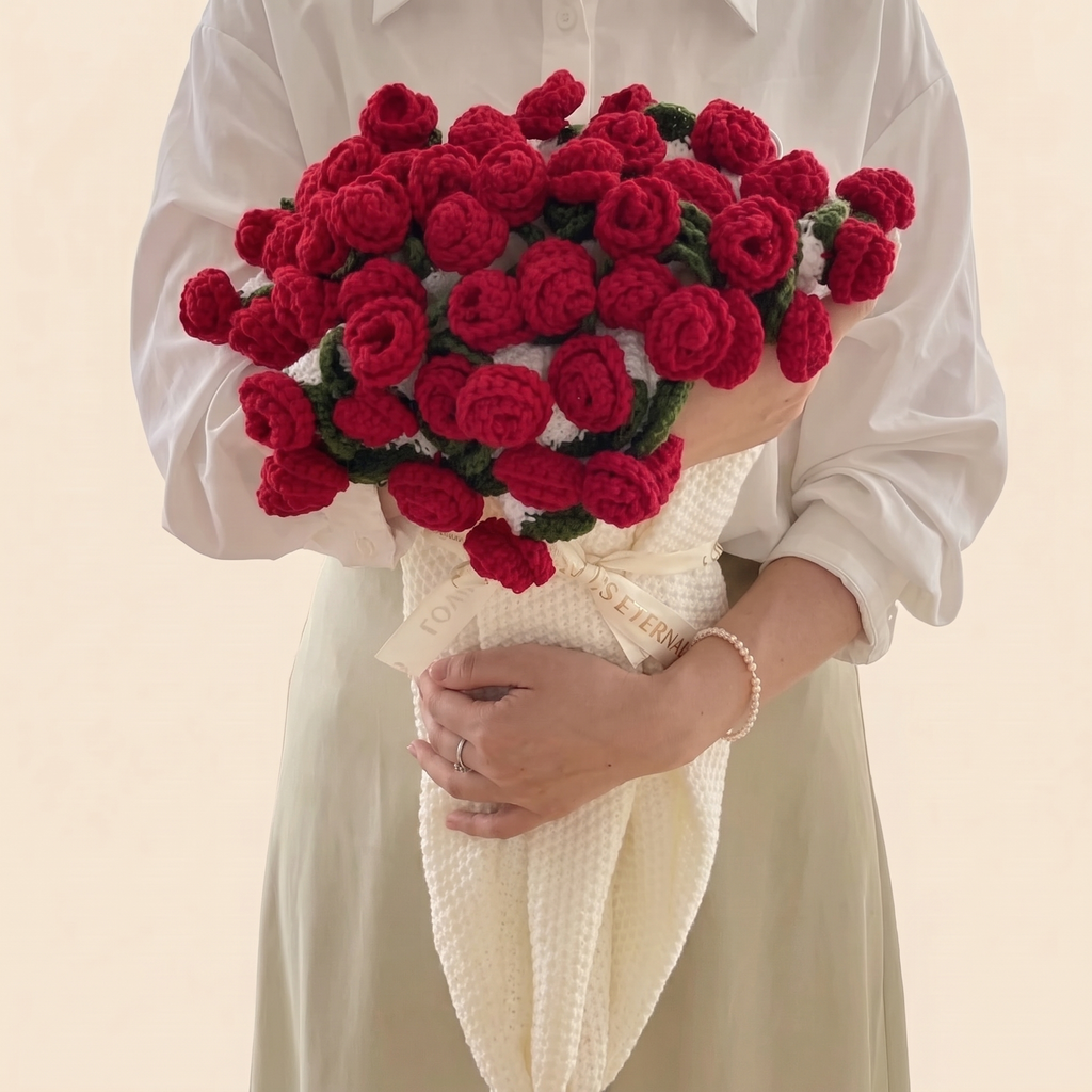 Floral Bouquet Blanket - Red Roses - hand-crocheted bouquet that unfolds into a blanket