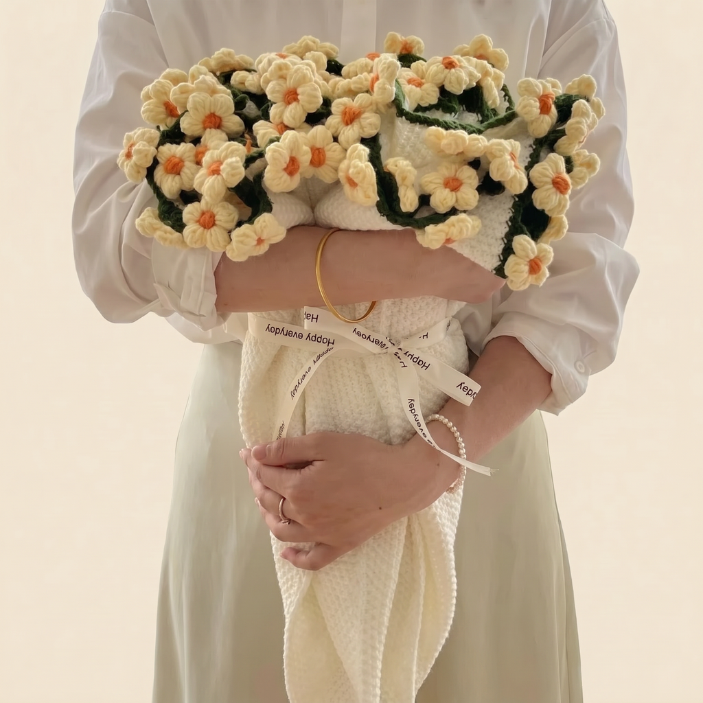 Floral Bouquet Blanket - Yellow Daisies - hand-crocheted bouquet that unfolds into a blanket