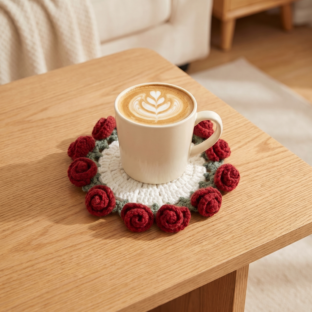 Floral Petal Coaster - Red Roses - hand-crocheted flower coaster