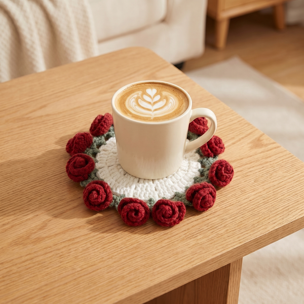 Floral Petal Coaster - Red Roses - hand-crocheted flower coaster