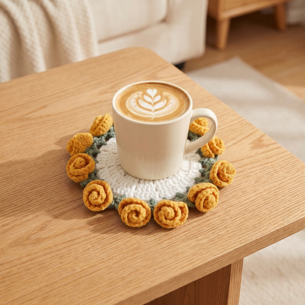 Floral Petal Coaster - Yellow Flowers - hand-crocheted flower coaster